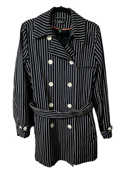 Lauren Ralph Lauren Jackets & Blazers - Lauren Ralph Lauren Navy White Stripes 100% Cotton Belted Trench Pea Coat Sz XL
